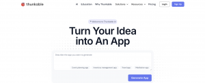 Thunkable homepage showing AI-powered no-code app builder